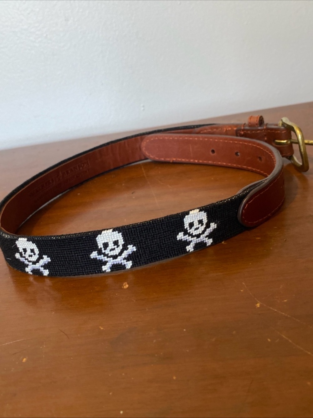 Skull Motif Woven Belt with Brown Leather Trim - Black